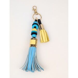 Natasha Leather Tassel Beaded Keychain Bag Charm Accessory Blue Yellow Gold Boho